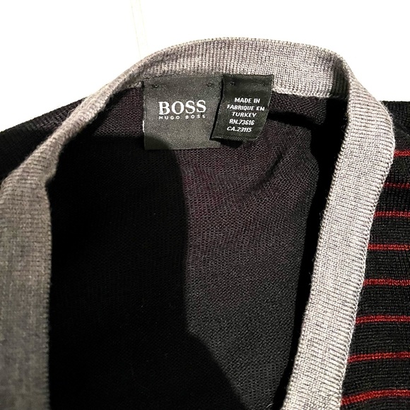 BOSS by Hugo Boss knit sweater. Black with red stripes and elbow pad detail. - Picture 2 of 4